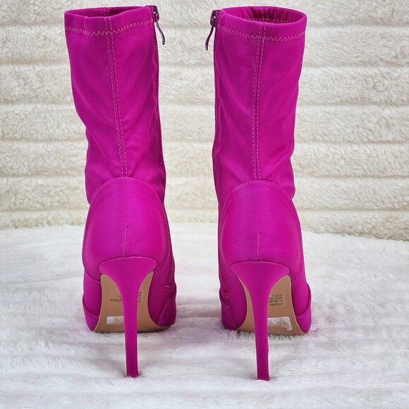 Bold Bright Fuchsia Pink Stretch Square Open Toe High Heel Ankle Boots - Picture 3 of 9